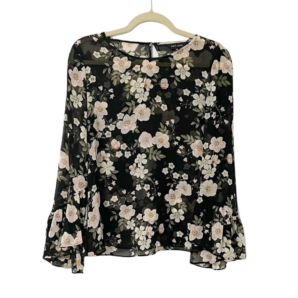 New Look Sheer Floral Bell Sleeve Blouse Size 10